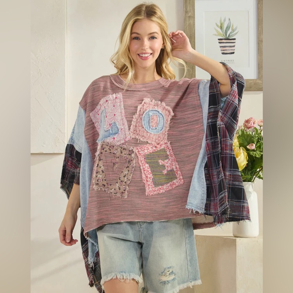 OLI & HALI Women’s LOVE PATCHWORK DETAIL MIXED FABRIC Poncho Top in pink/blue - Picture 7 of 7